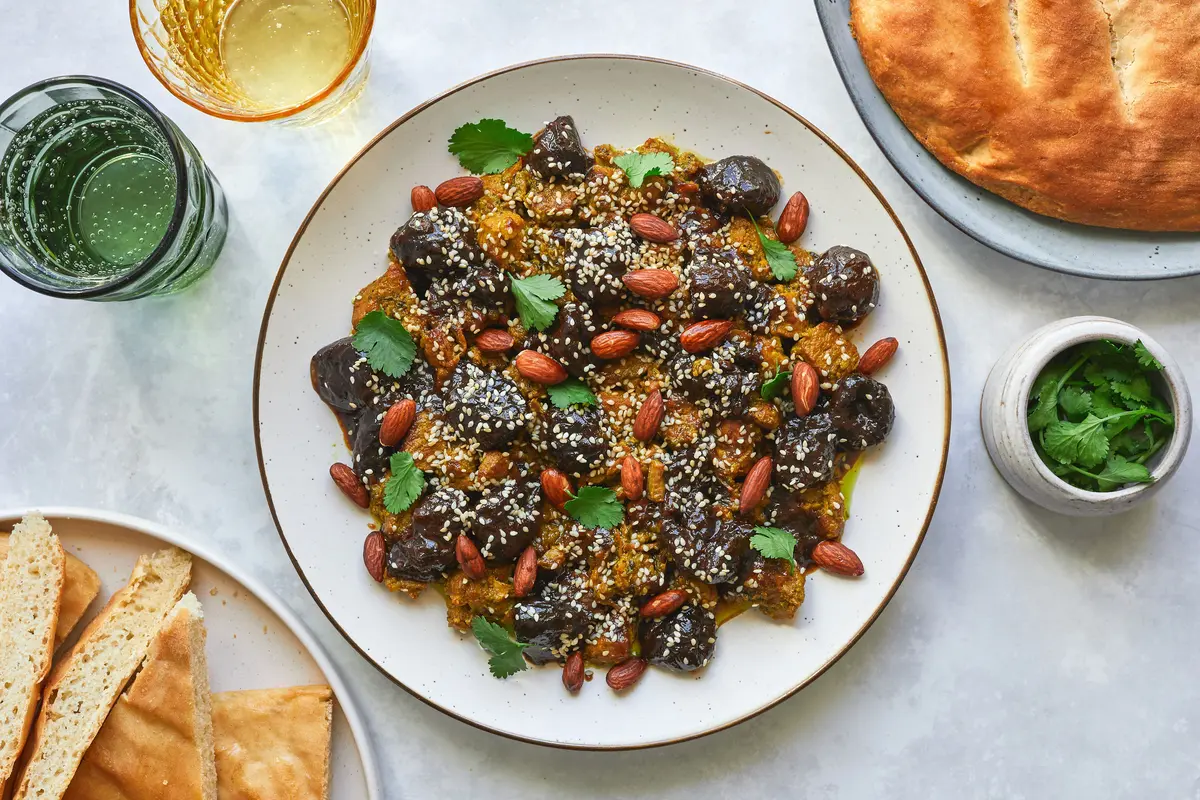 Moroccan lamb tagine with prunes and toasted almonds
